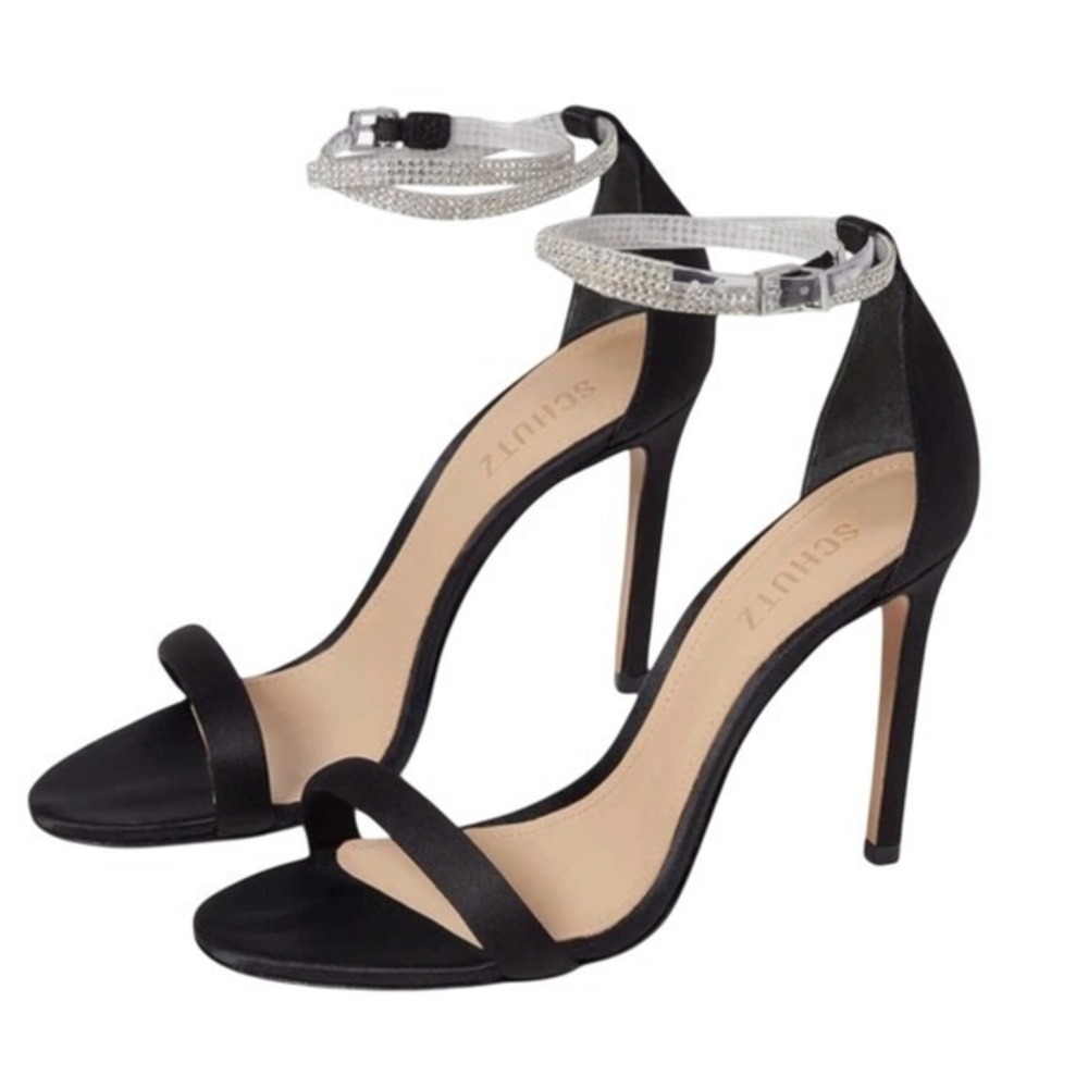 SCHUTZ Leanna Heels Women US 6 Black Crystal Ankle Strap Stilettos Gala‎ Event